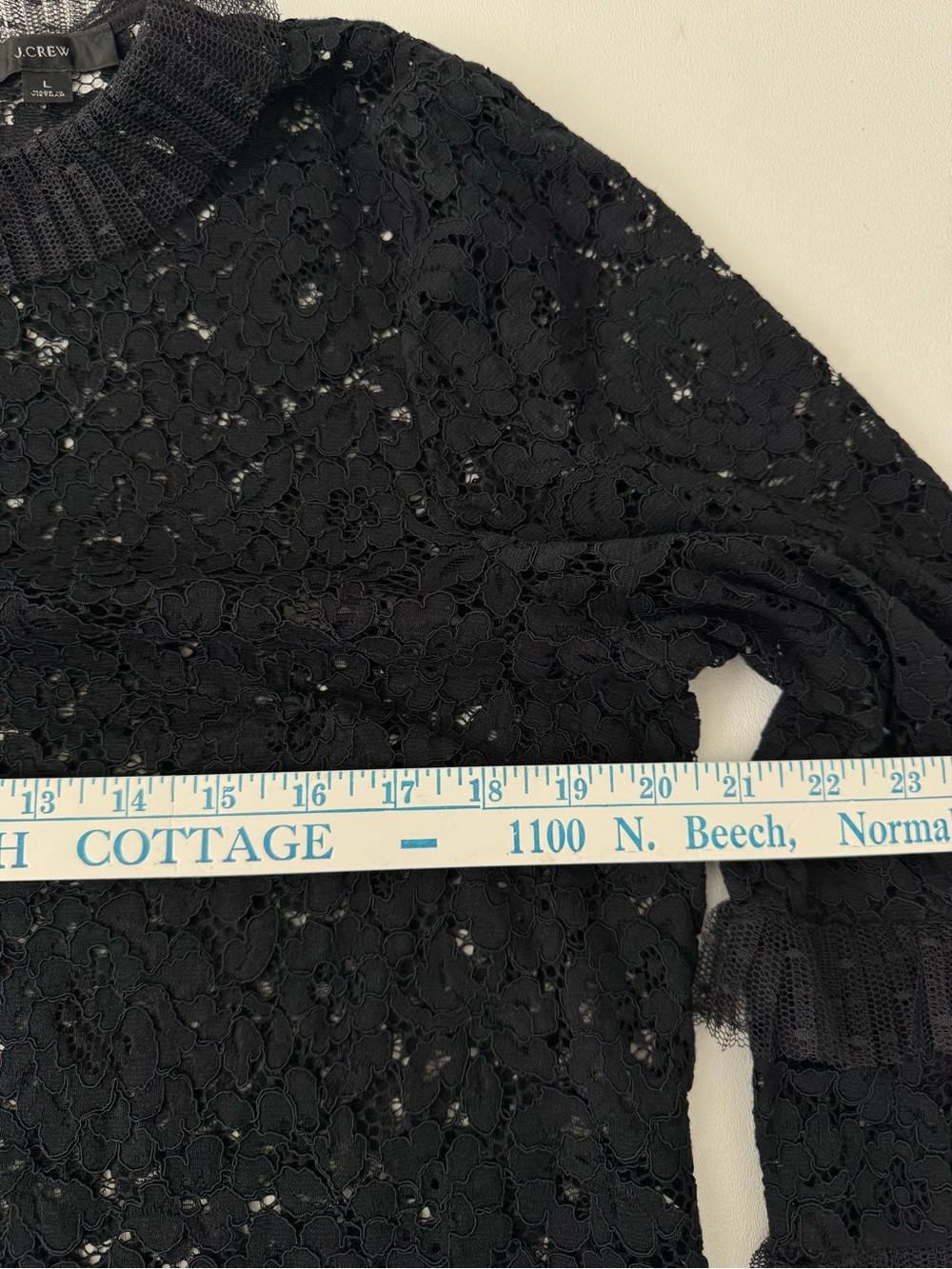 J.Crew Black Lace Blouse Sheer Floral Top Mesh Goth Boho Bell Sleeve Prom event - Picture 8 of 9